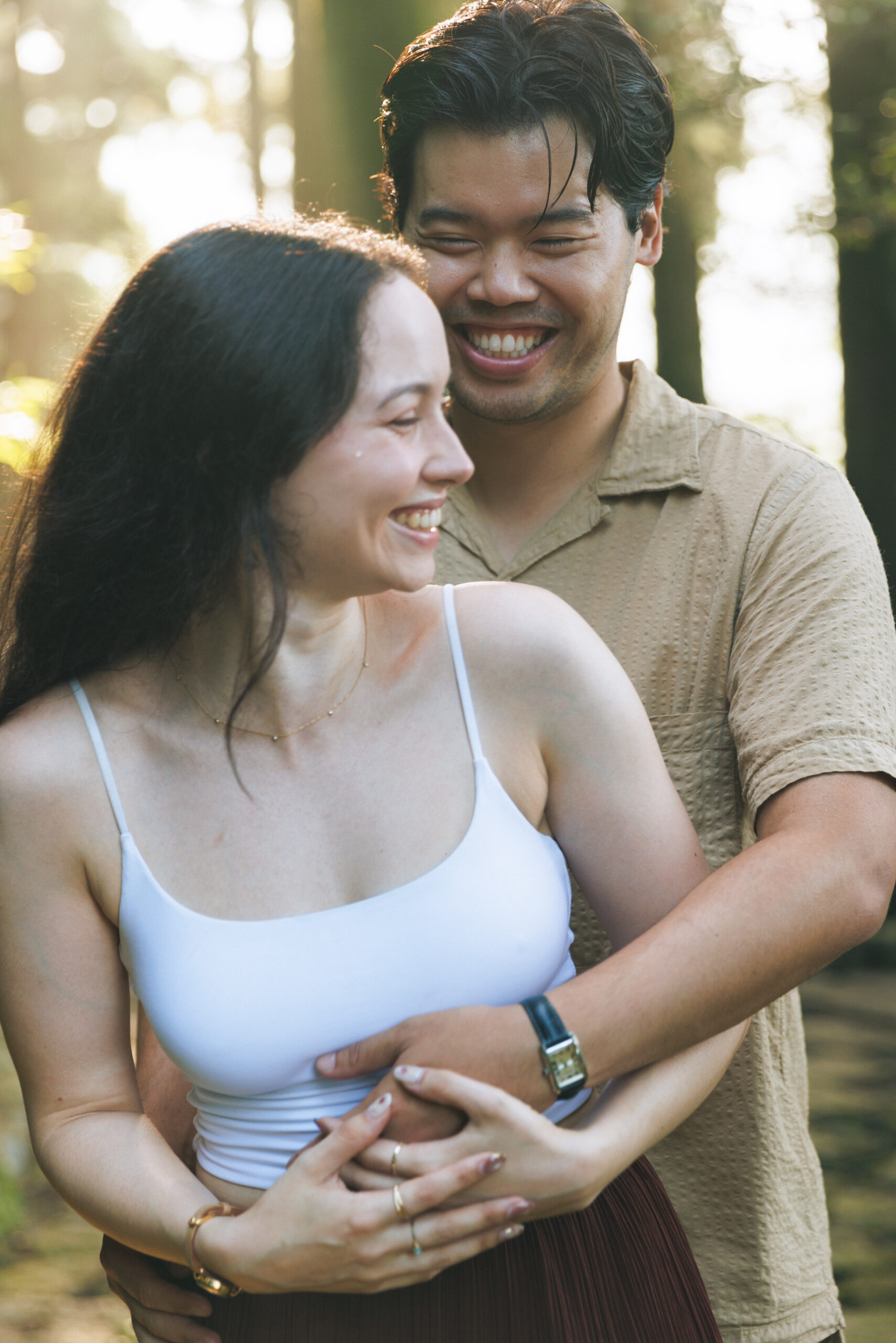 Surprise proposal in Hakone on a clear September morning, with blue skies and autumn light filtering through the trees, capturing emotional tears even without Mt. Fuji.